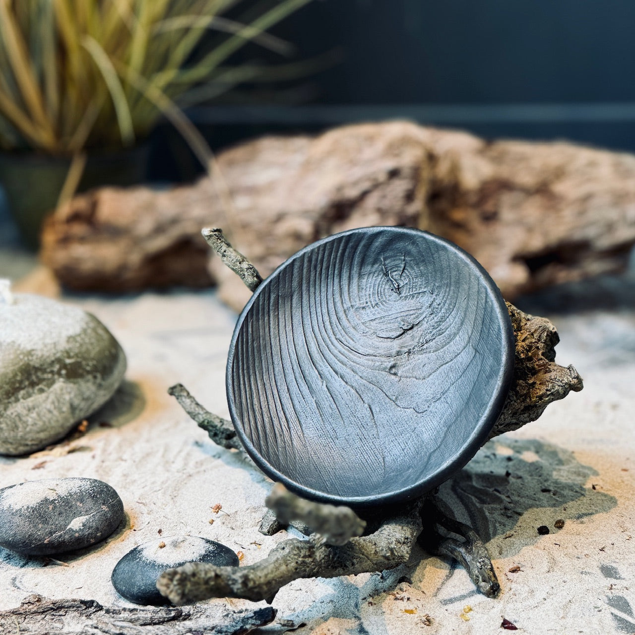 Melnās keramikas šķīvju kolekcija ar KOKA TEKSTŪRU