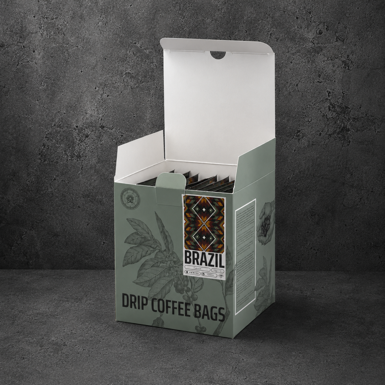 Pilināšanas (DRIP) kafijas maisiņi kastē